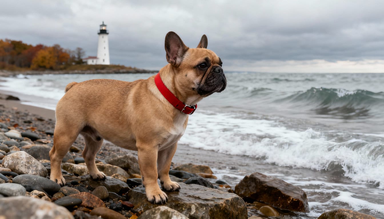 Buldog Francuski na kamienistej plaży