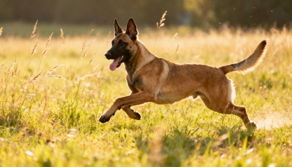 owczarek belgijski, malinos w biegu po łące